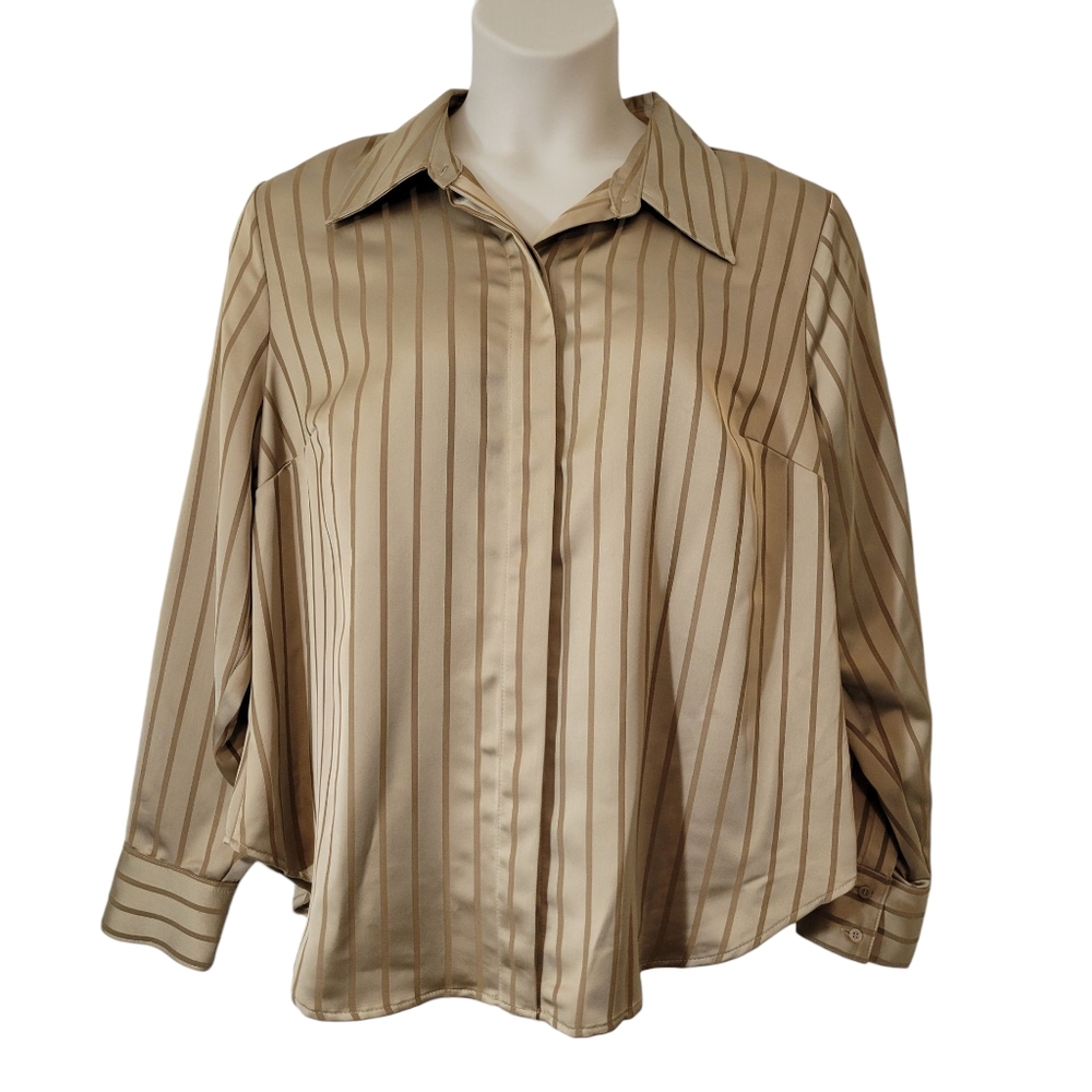 Worthington Elegant Tan Striped Satin Button Down Plus Size 1x NWT